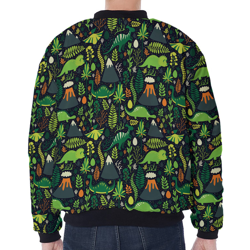 Cute Dinosaur And Floral Pattern Print Zip Sleeve Bomber Jacket