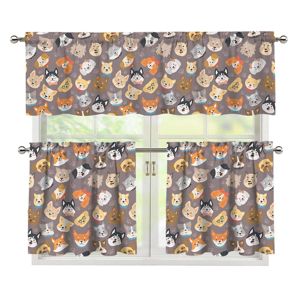 Cute Dog Emoji Pattern Print 3 Piece Kitchen Curtains