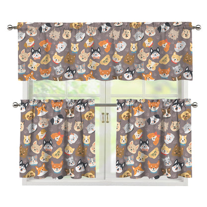 Cute Dog Emoji Pattern Print 3 Piece Kitchen Curtains