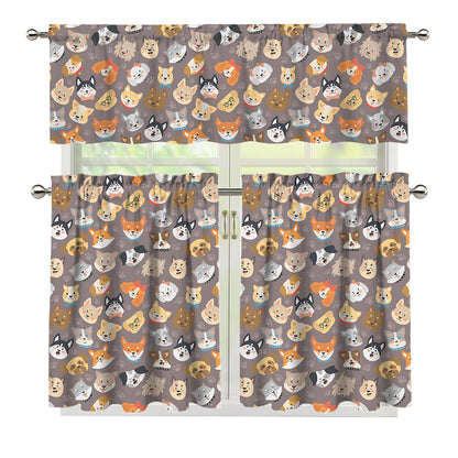 Cute Dog Emoji Pattern Print 3 Piece Kitchen Curtains