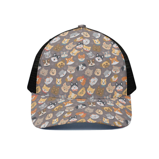 Cute Dog Emoji Pattern Print Black Mesh Trucker Cap