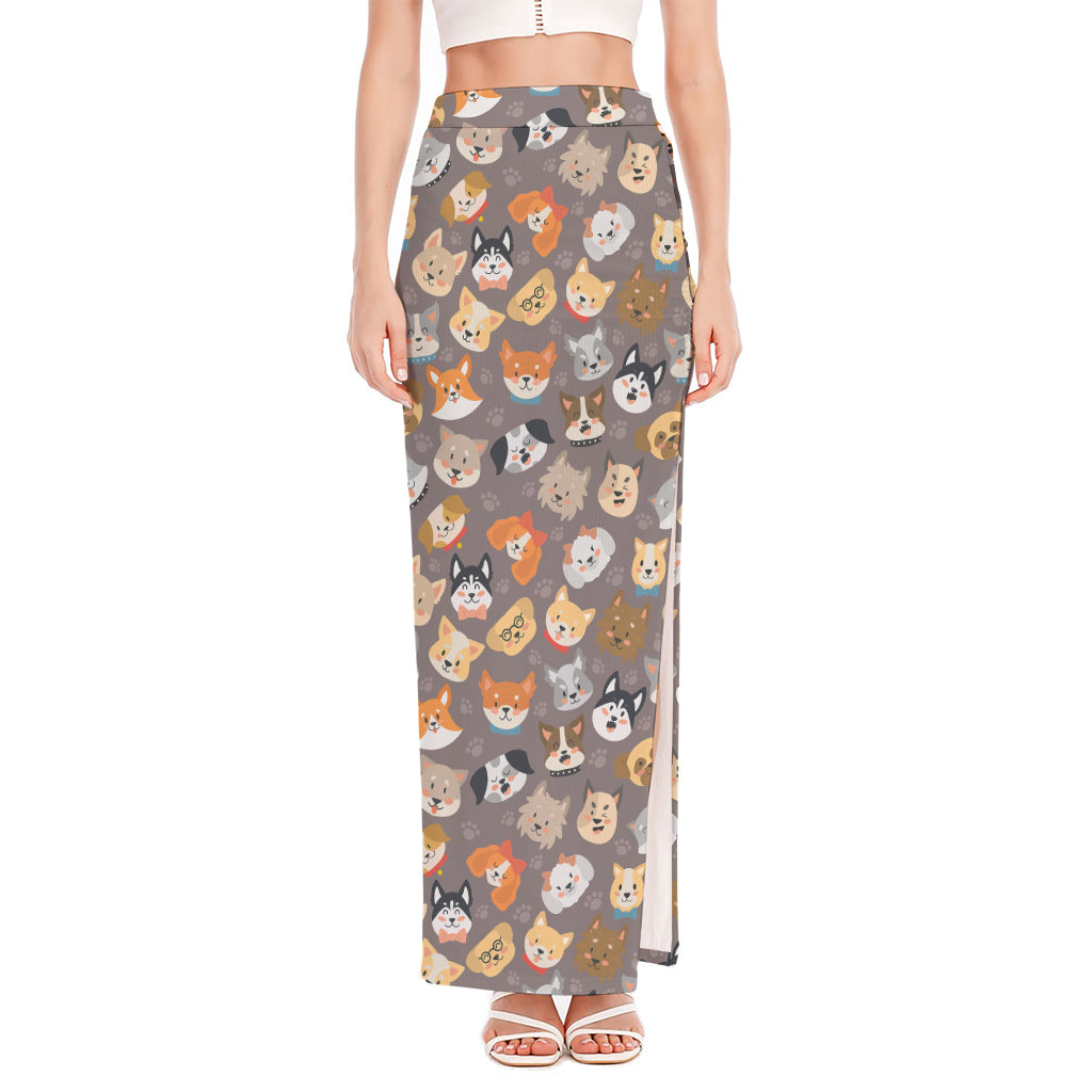 Cute Dog Emoji Pattern Print High Slit Maxi Skirt