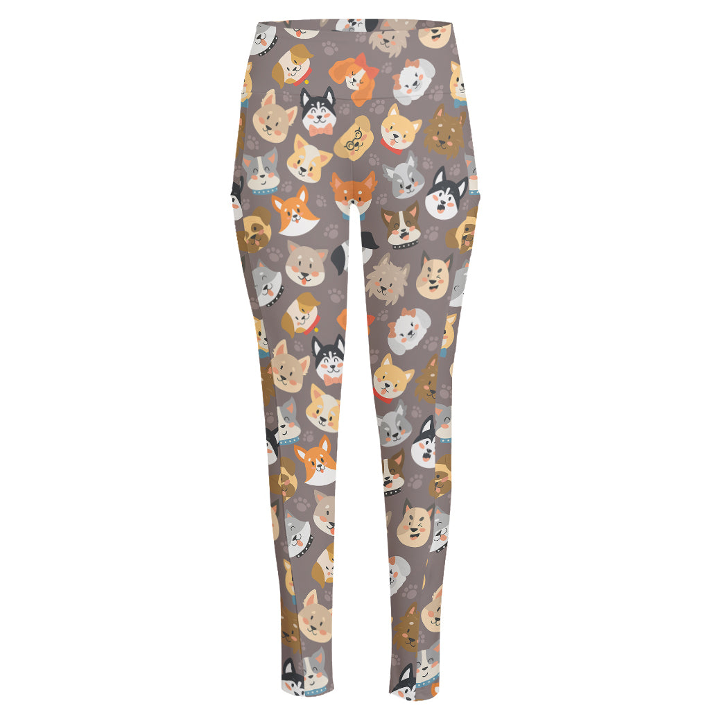 Cute Dog Emoji Pattern Print High-Waisted Pocket Leggings