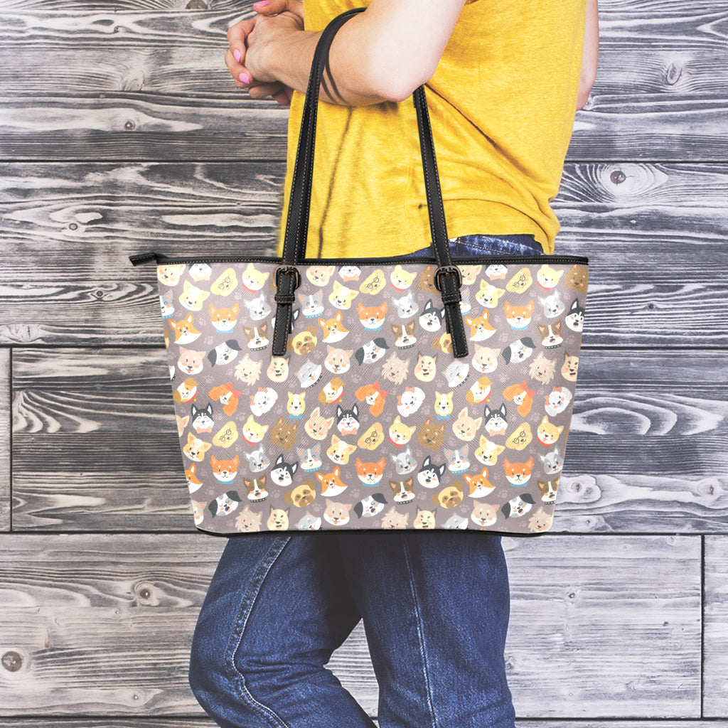 Cute Dog Emoji Pattern Print Leather Tote Bag