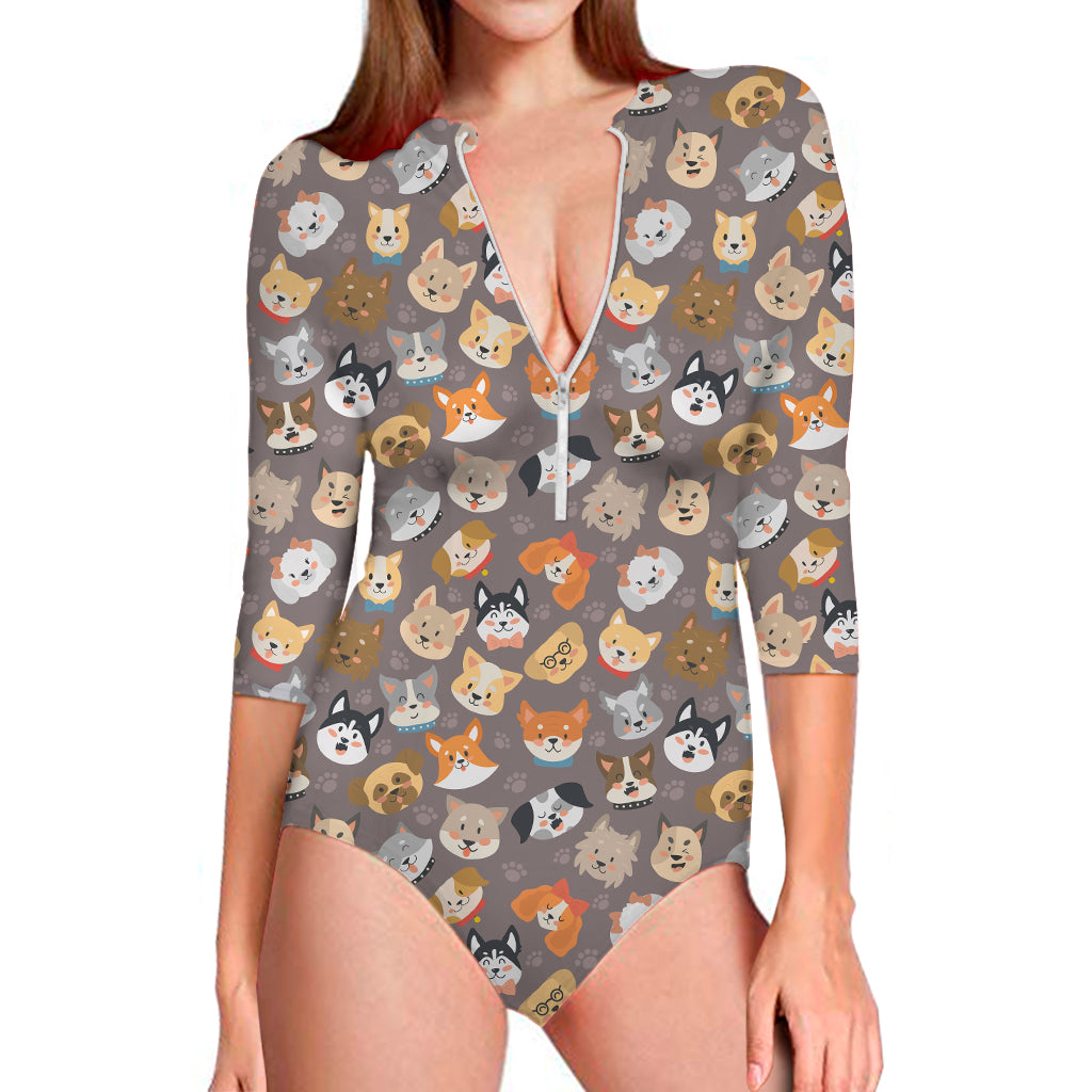 Cute Dog Emoji Pattern Print Long Sleeve Swimsuit