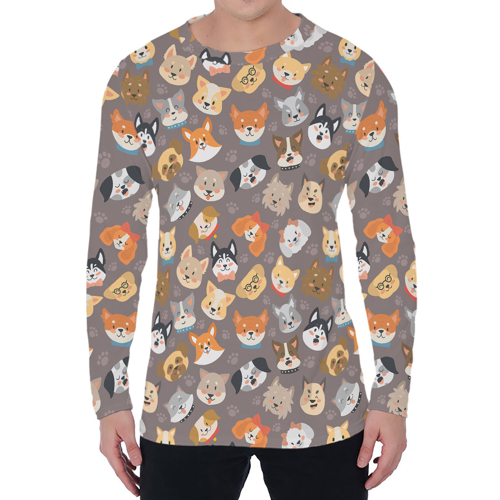 Cute Dog Emoji Pattern Print Men's Long Sleeve T-Shirt