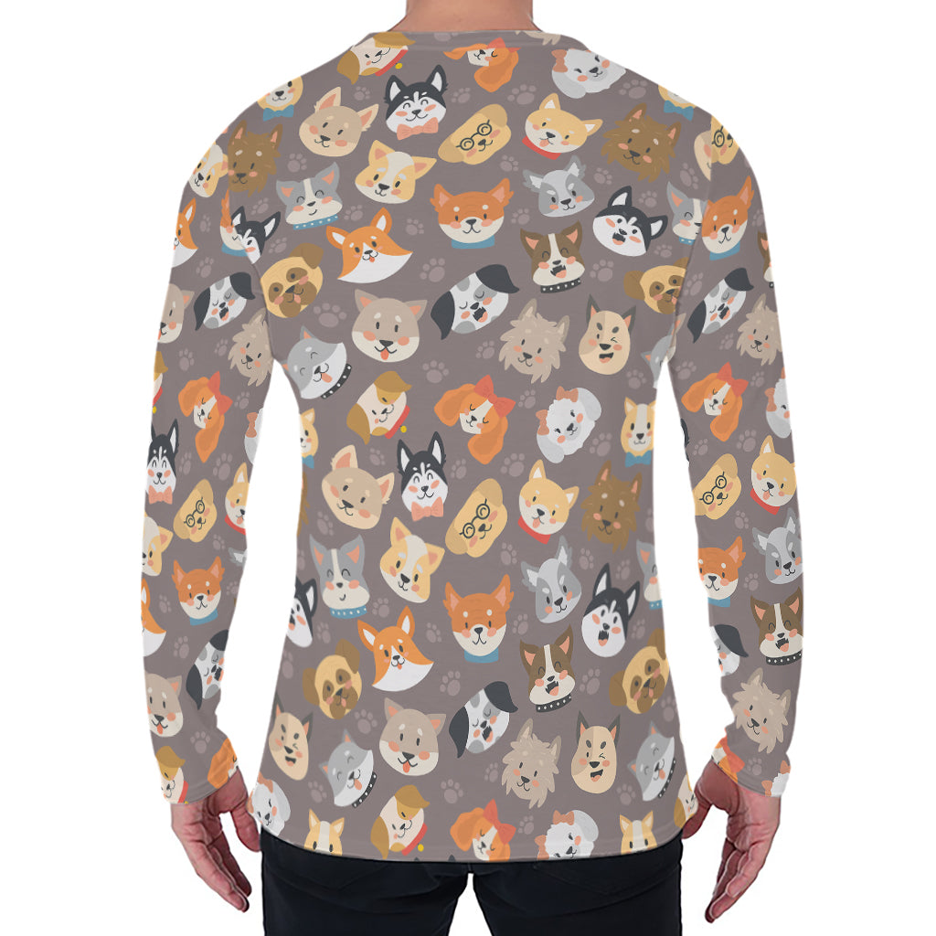 Cute Dog Emoji Pattern Print Men's Long Sleeve T-Shirt
