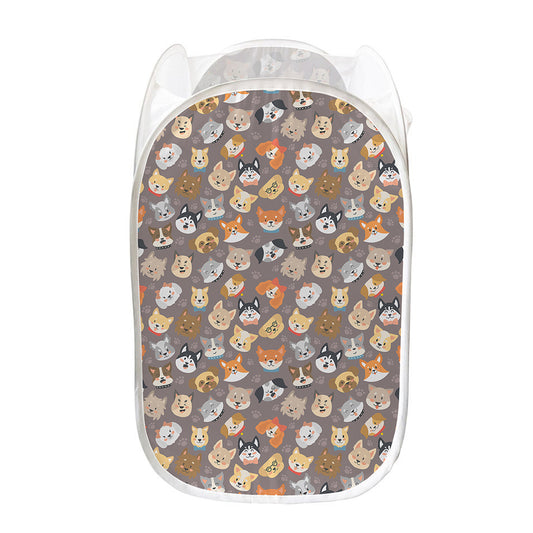 Cute Dog Emoji Pattern Print Mesh Laundry Hamper