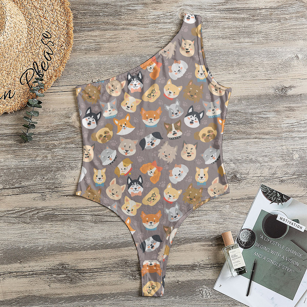 Cute Dog Emoji Pattern Print One Shoulder Bodysuit