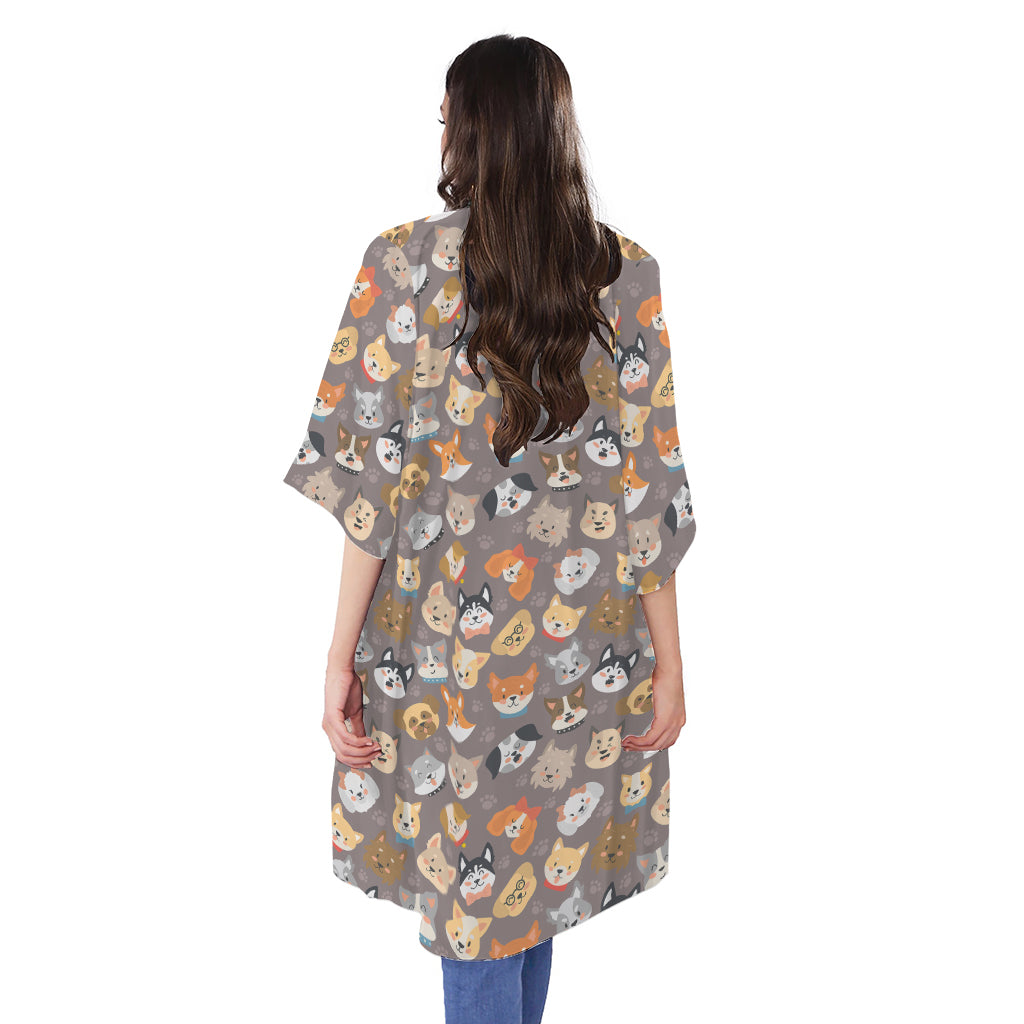 Cute Dog Emoji Pattern Print Open Front Beach Cover Up