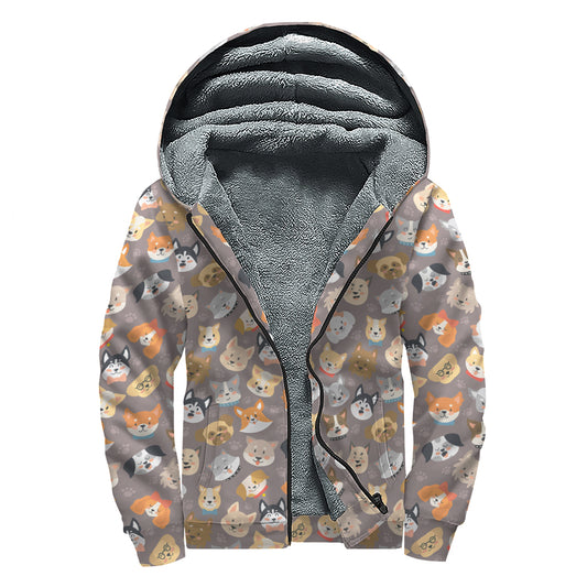 Cute Dog Emoji Pattern Print Sherpa Lined Zip Up Hoodie