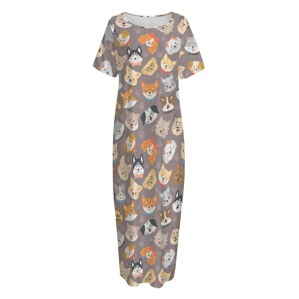 Cute Dog Emoji Pattern Print Short Sleeve Long Nightdress Cute Dog Emoji Pattern Print Short Sleeve Long Nightdress