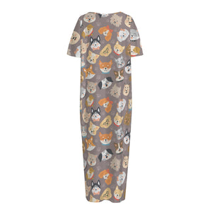 Cute Dog Emoji Pattern Print Short Sleeve Long Nightdress