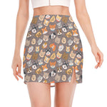 Cute Dog Emoji Pattern Print Side Slit Mini Skirt