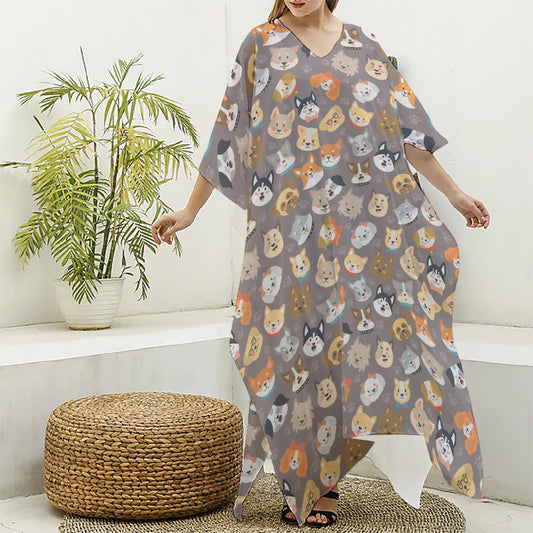 Cute Dog Emoji Pattern Print Silk V-Neck Kaftan Dress