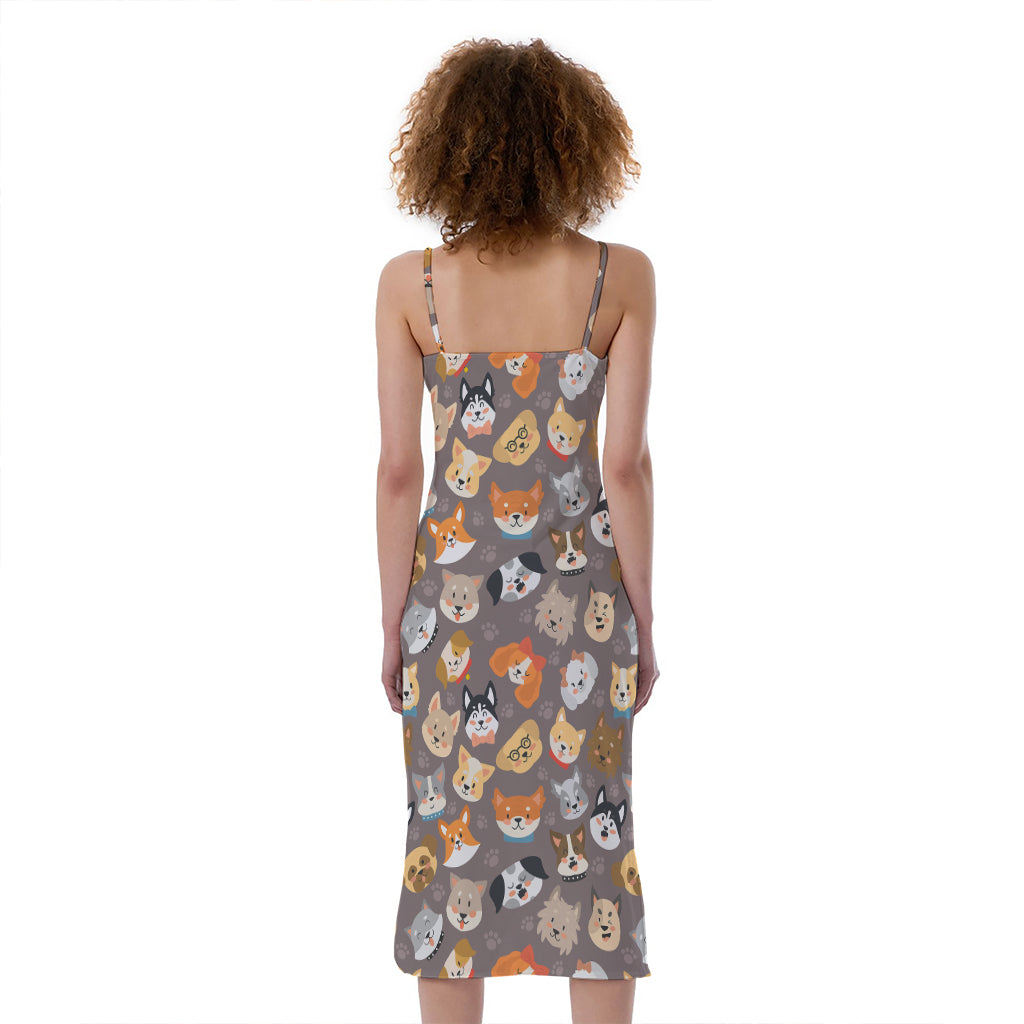 Cute Dog Emoji Pattern Print Slim Fit Midi Cami Dress