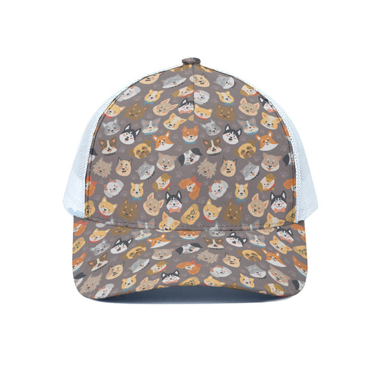Cute Dog Emoji Pattern Print White Mesh Trucker Cap
