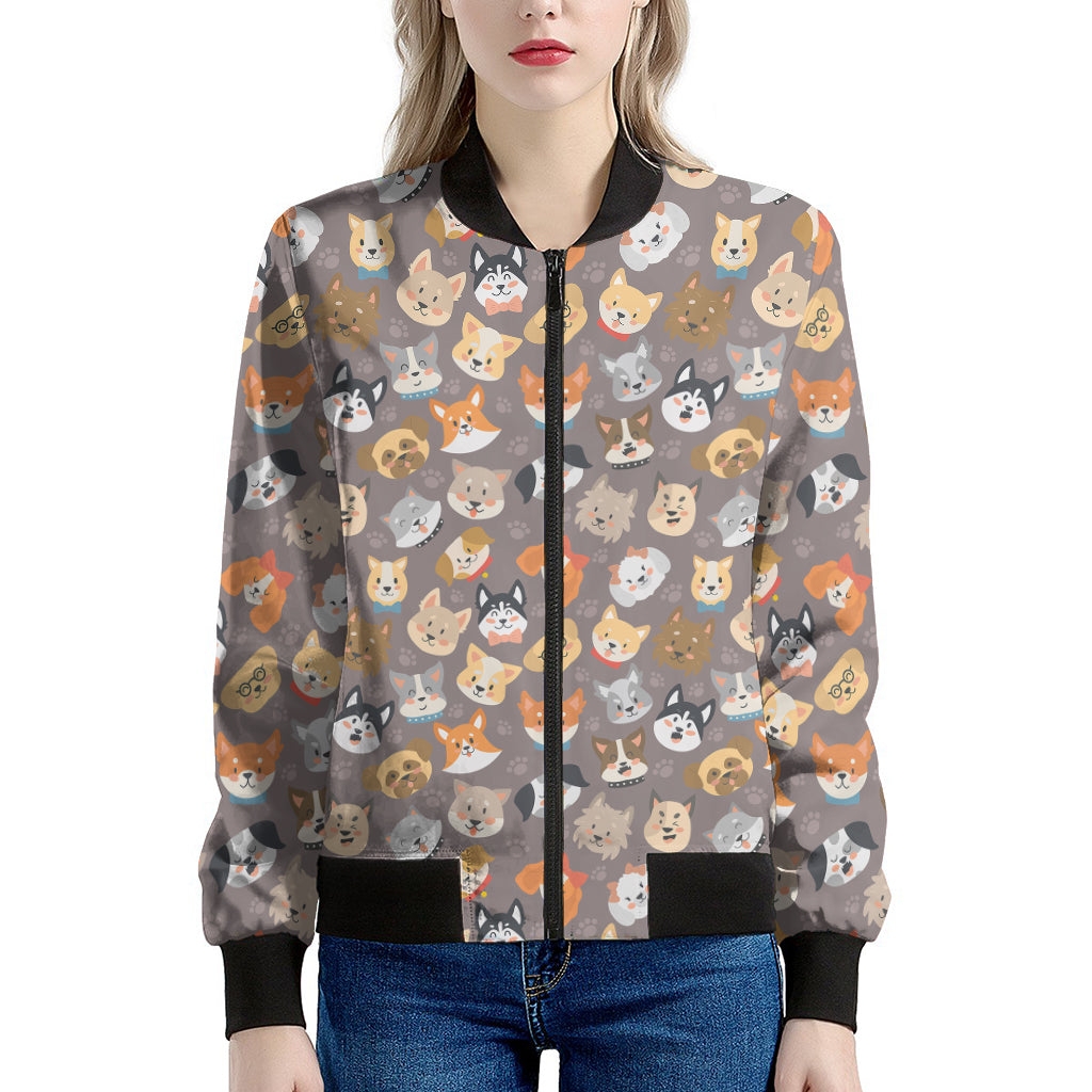 Cute Dog Emoji Pattern Print Women's Bomber Jacket