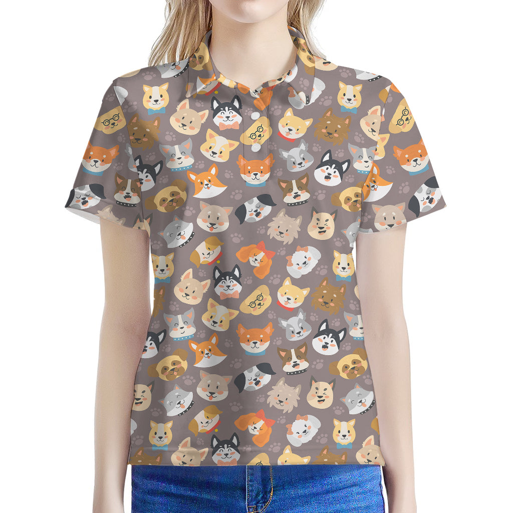 Cute Dog Emoji Pattern Print Women's Polo Shirt