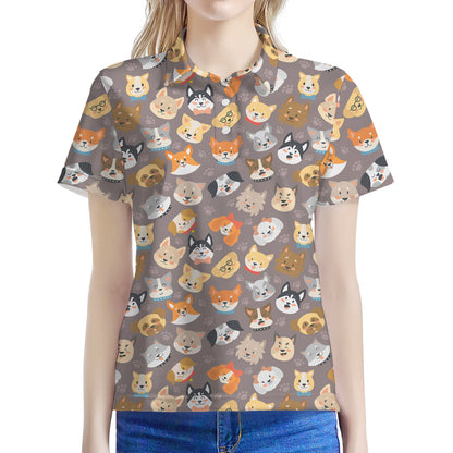 Cute Dog Emoji Pattern Print Women's Polo Shirt
