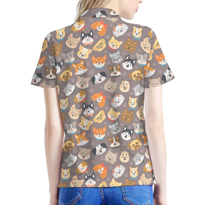 Cute Dog Emoji Pattern Print Women's Polo Shirt