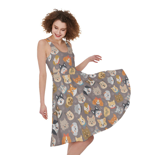 Cute Dog Emoji Pattern Print Women's Sleeveless Dress