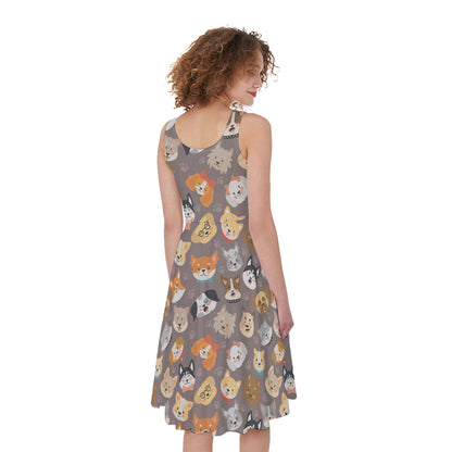 Cute Dog Emoji Pattern Print Women's Sleeveless Dress