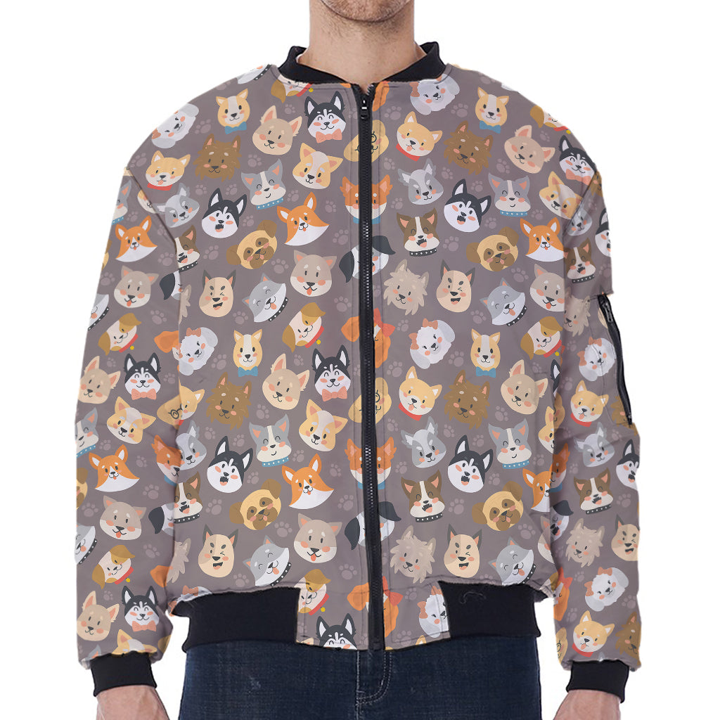 Cute Dog Emoji Pattern Print Zip Sleeve Bomber Jacket