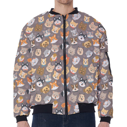 Cute Dog Emoji Pattern Print Zip Sleeve Bomber Jacket