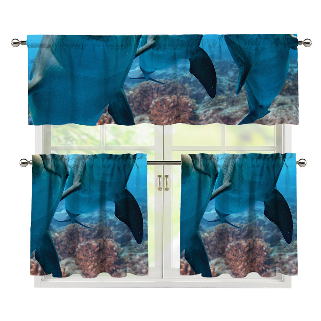 Cute Dolphins In The Ocean Print 3 Piece Kitchen Curtains