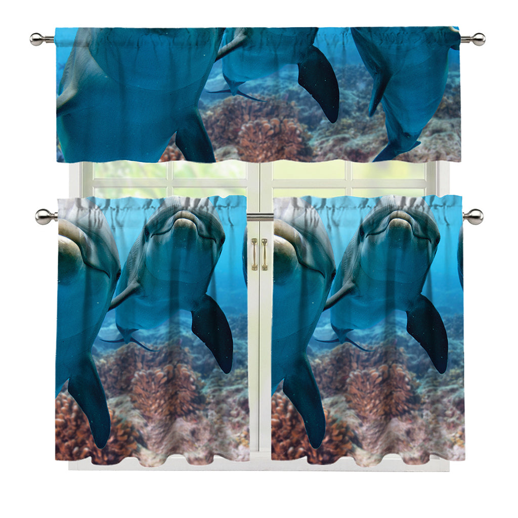 Cute Dolphins In The Ocean Print 3 Piece Kitchen Curtains