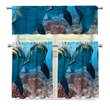Cute Dolphins In The Ocean Print 3 Piece Kitchen Curtains