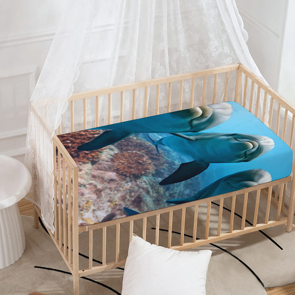 Cute Dolphins In The Ocean Print Baby Crib Sheet