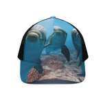 Cute Dolphins In The Ocean Print Black Mesh Trucker Cap