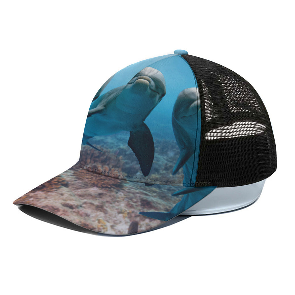 Cute Dolphins In The Ocean Print Black Mesh Trucker Cap