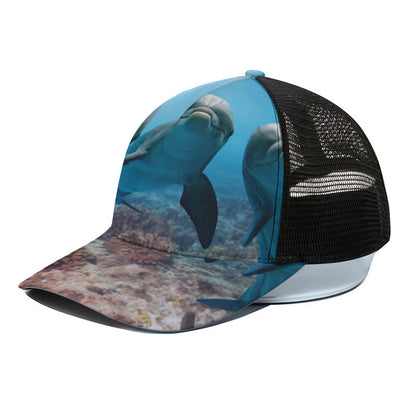 Cute Dolphins In The Ocean Print Black Mesh Trucker Cap