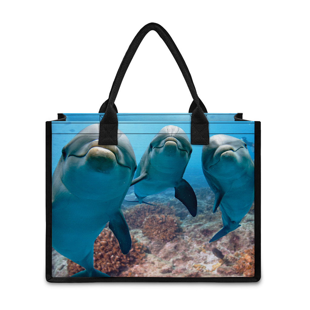 Cute Dolphins In The Ocean Print Canvas Tote Bag