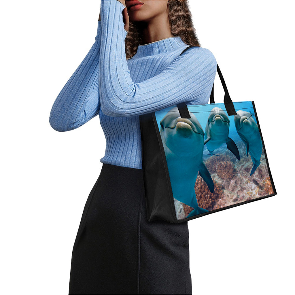 Cute Dolphins In The Ocean Print Canvas Tote Bag