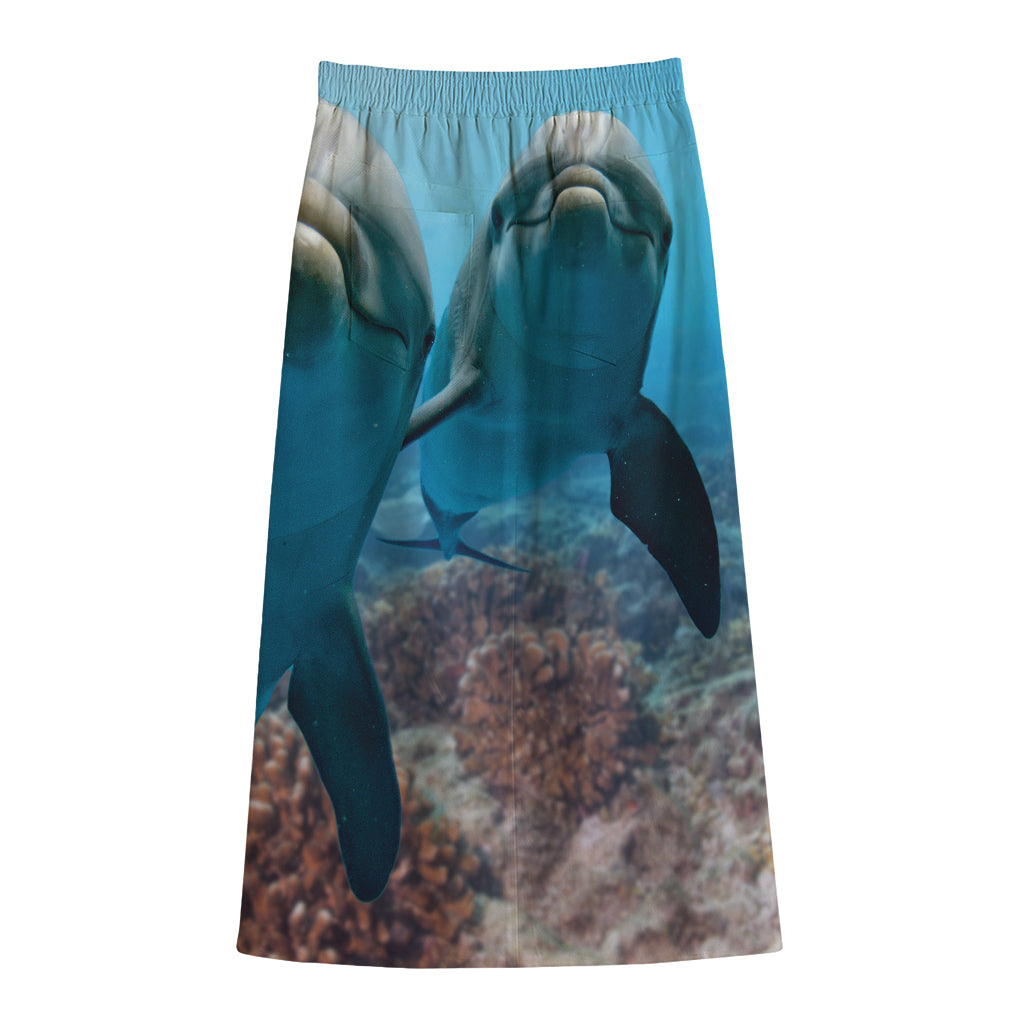 Cute Dolphins In The Ocean Print Cotton Front Slit Maxi Skirt