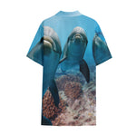 Cute Dolphins In The Ocean Print Cotton Hawaiian Shirt