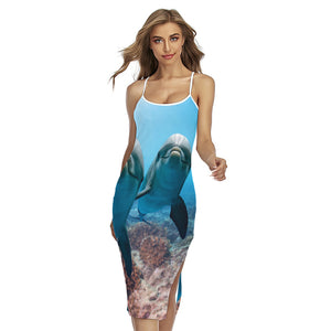 Cute Dolphins In The Ocean Print Cross Back Cami Dress