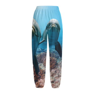 Cute Dolphins In The Ocean Print Fleece Lined Knit Pants