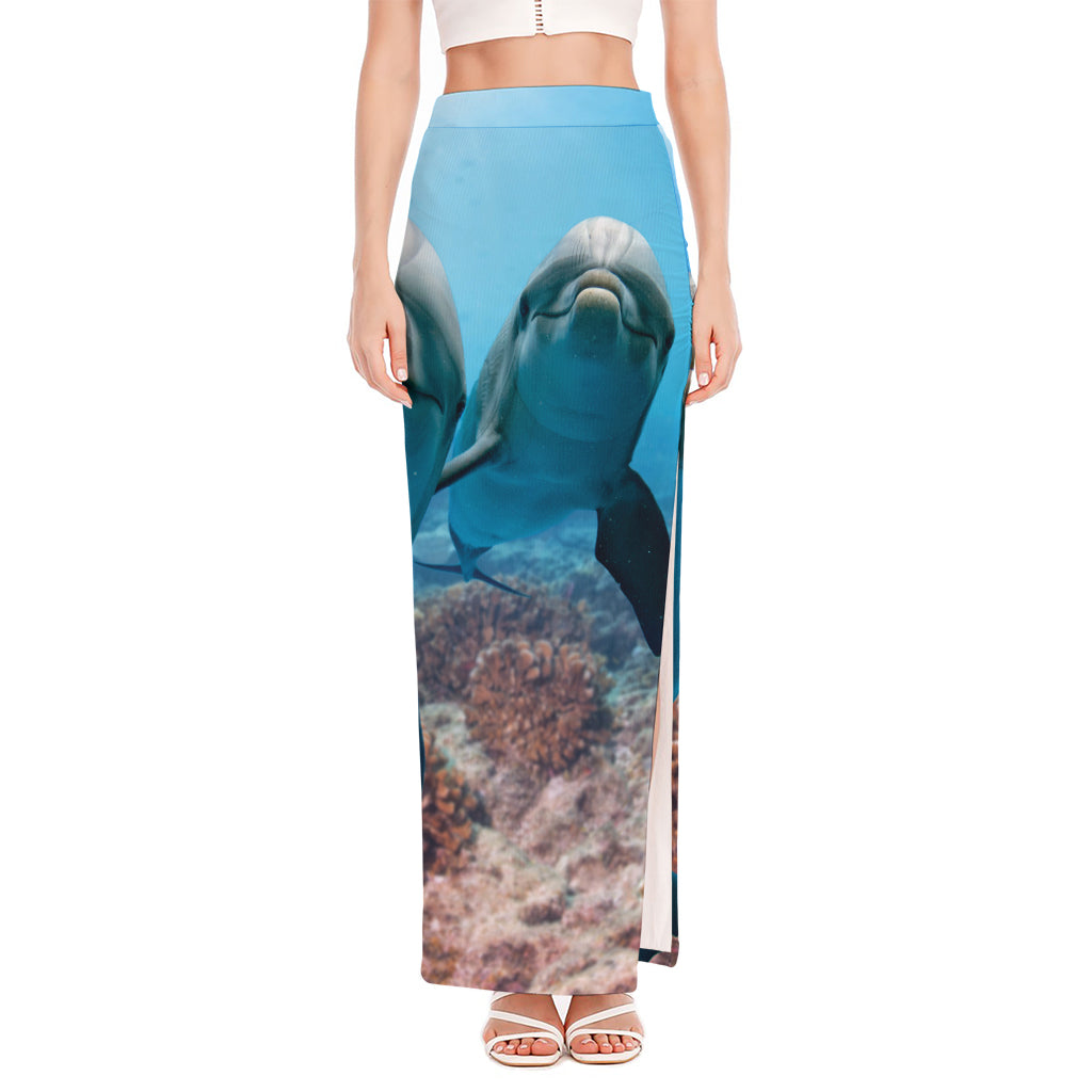 Cute Dolphins In The Ocean Print High Slit Maxi Skirt