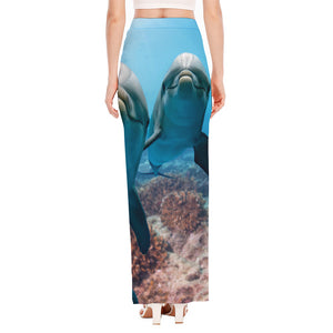 Cute Dolphins In The Ocean Print High Slit Maxi Skirt