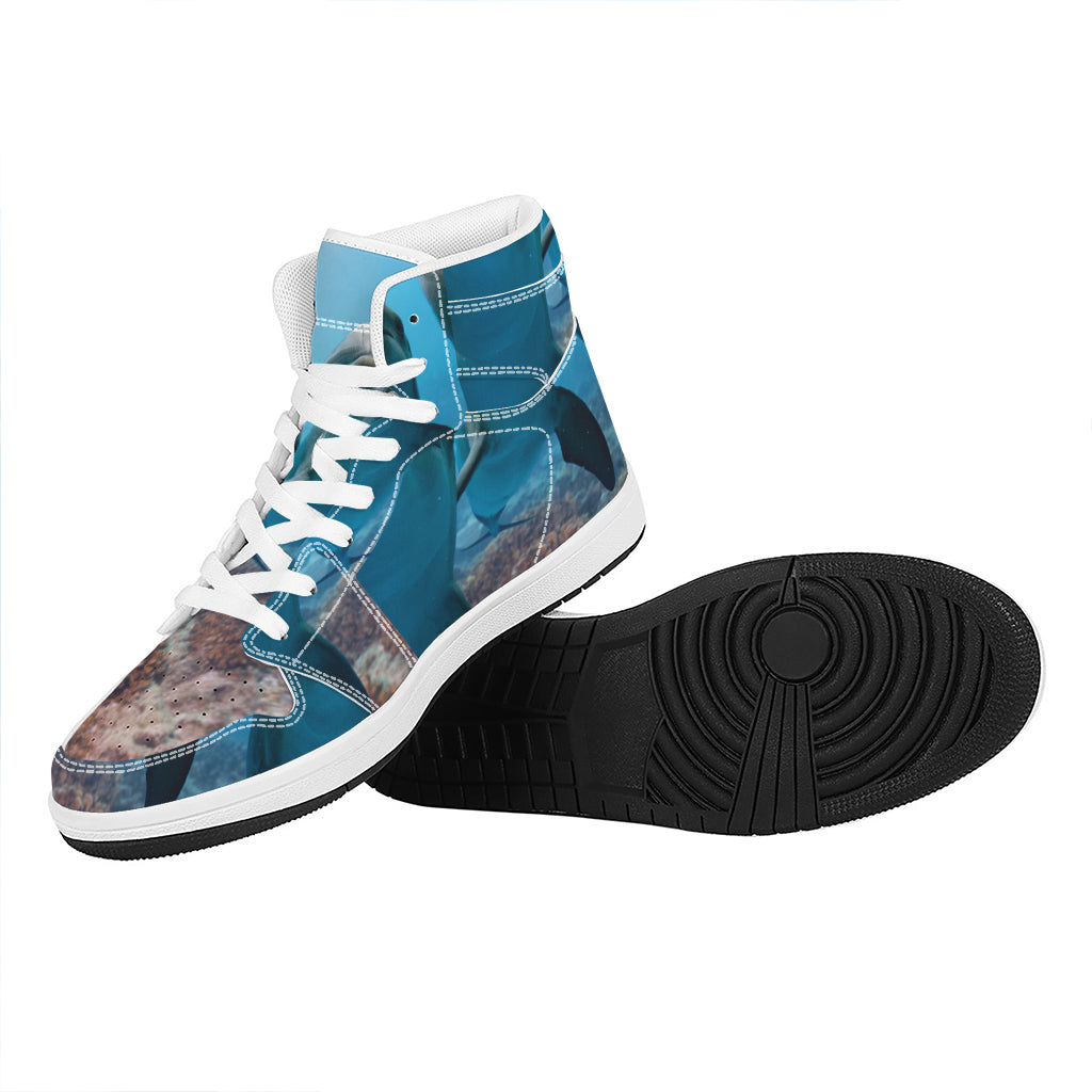 Cute Dolphins In The Ocean Print High Top Leather Sneakers