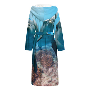 Cute Dolphins In The Ocean Print Hooded Bathrobe