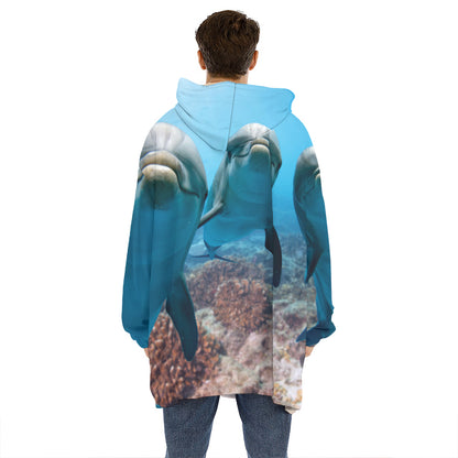 Cute Dolphins In The Ocean Print Hoodie Blanket