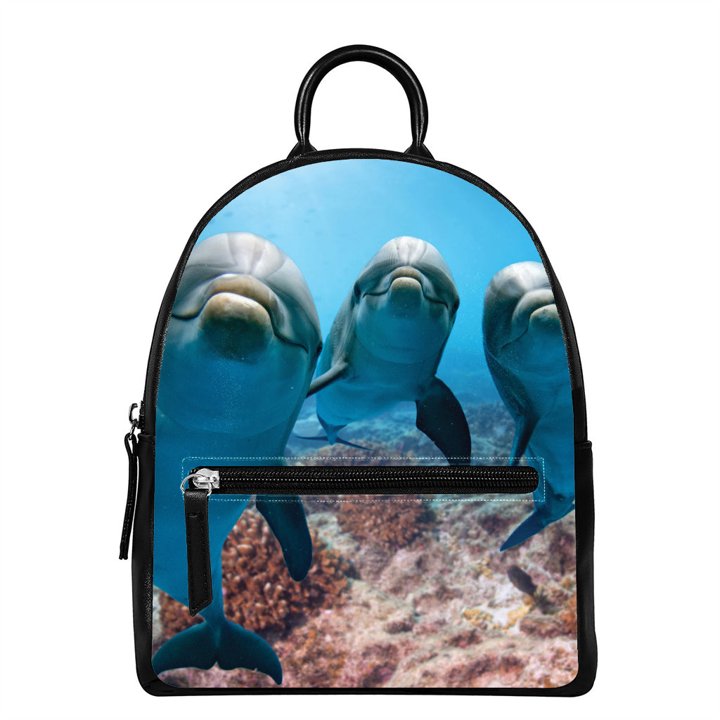 Cute Dolphins In The Ocean Print Leather Backpack