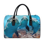 Cute Dolphins In The Ocean Print Leather Duffle Bag