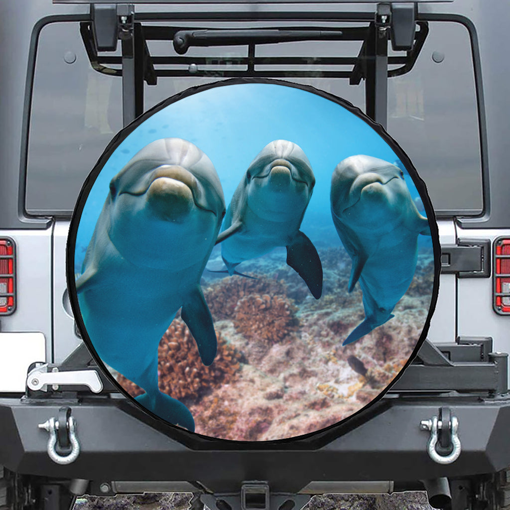 Cute Dolphins In The Ocean Print Leather Spare Tire Cover